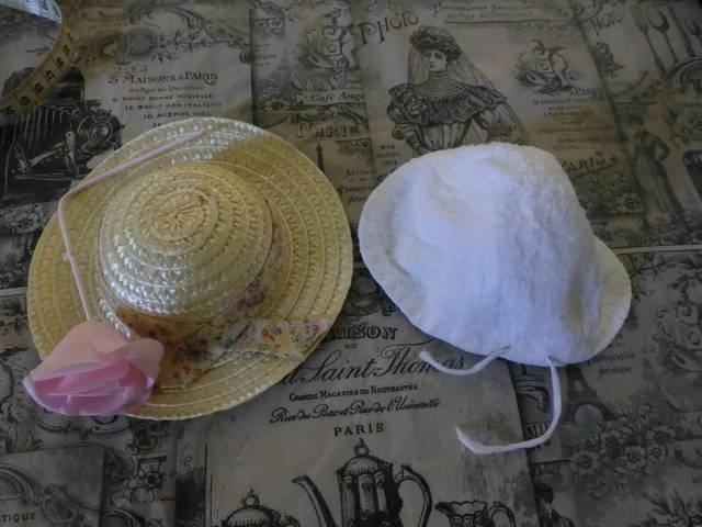 Ancien Mini Chapeau De Paille Pour Poupée - Déco Collection Avec Fleurs Et Ruban