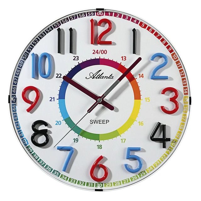 Atlanta Wanduhr für Kinder ohne Ticken Bunte Zahlen Lernuhr Multicolor - 4480/0
