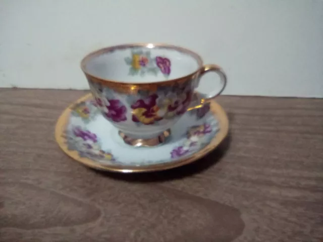 Original Napco Hand Painted China Tea cup & Saucer Pansy Floral Flower Design