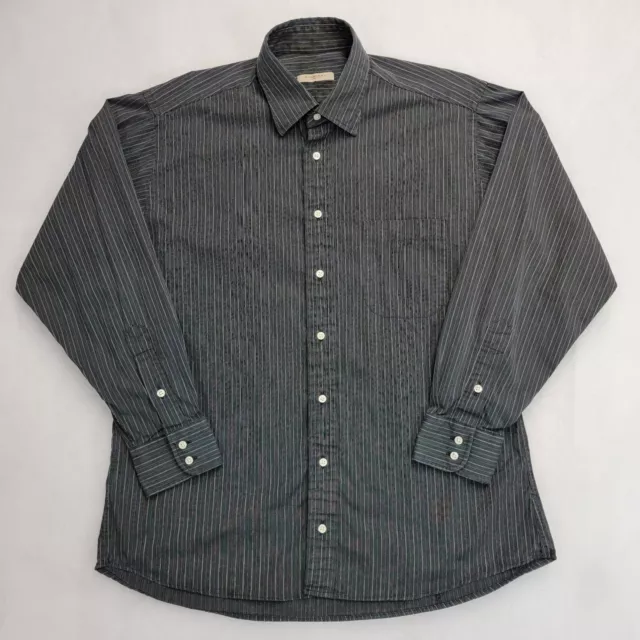 Burberry London Mens Split Yoke Button-Up Shirt 16 Black Silver/White Striped