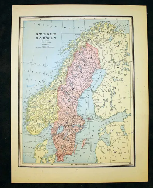 Antique Map 1889 Sweden & Norway or Holland Belgium Denmark 11" x 14½"
