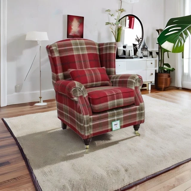 FAST DELIVERY New fireside Armchair In Check Red Balmoral High Wing Back Tartan