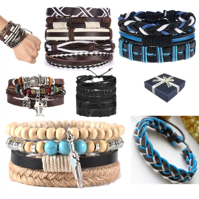 Mens Womens Real Leather Bracelet Wristband Bangle Punk Beaded Surfer Wrap Gifts