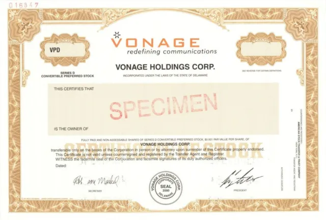 Vonage Holdings Corp. - 2000 dated Specimen Stock Certificate - Specimen Stocks