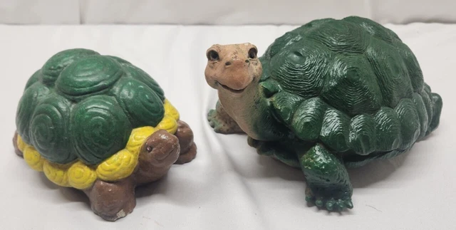 Lot of 2 Concrete Turtle Lawn Decoration Ornaments - Painted Green - 8" & 6"