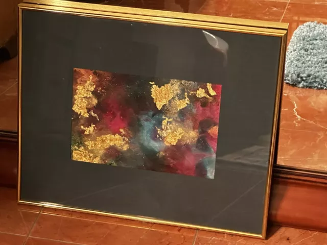 VINTAGE 1990s RHONDA MCENROE ENROE FRAMED ABSTRACT GOLD PURPLE GREEN FRAMED ART