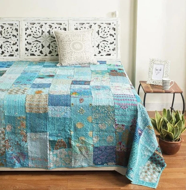 Silk Patchwork kantha quilt bohemian bedding bedspread throw blanket quilts