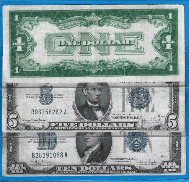 1934/34D/34C $1/$5/$10 Silver Certificates-FB Note,Blue Seal,Circ F/VF,Nice!