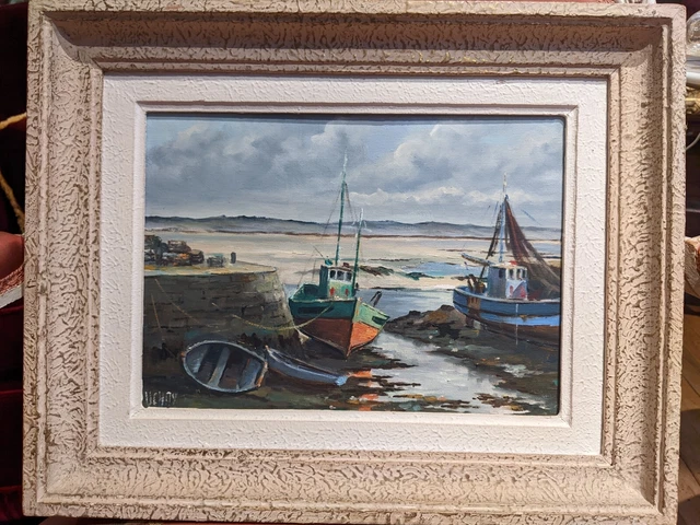 Tableau XXe René UCHAY (1917-2001) Bateaux  Pêche Bretagne Croisic Huile Toile