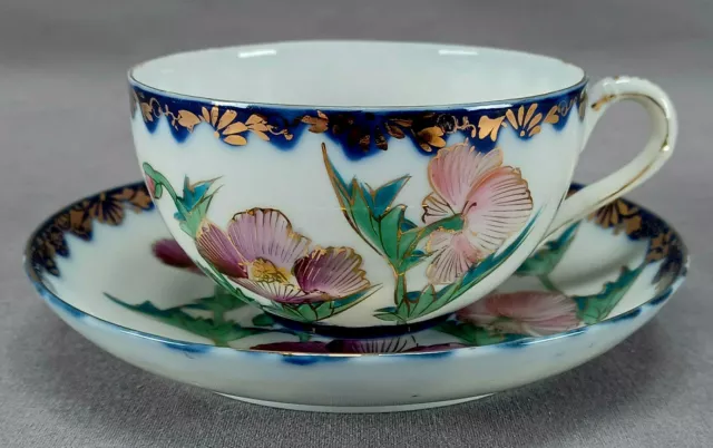 Japanese Hand Painted Purple & Pink Poppies Cobalt & Gold Tea Cup & Saucer A