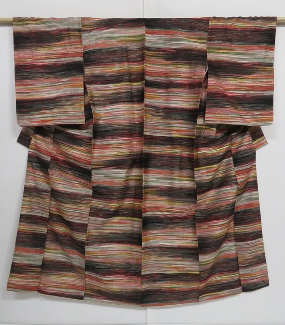 1207i07z680 Vintage Japanese Kimono Silk MEISEN KOMON Black Cream Red