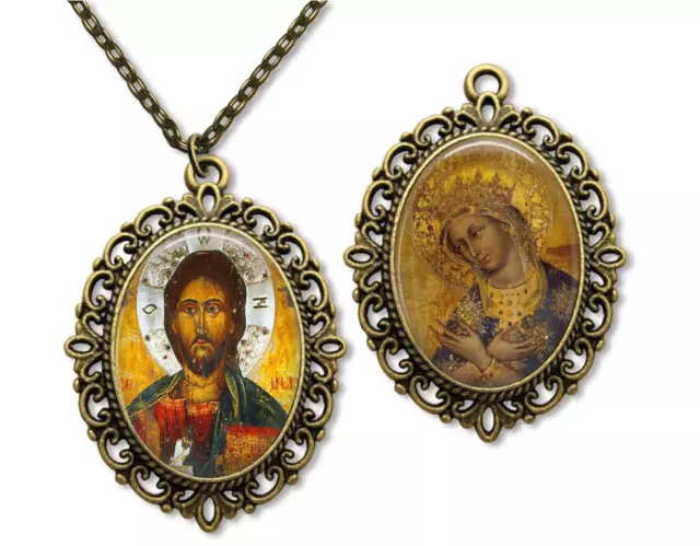 Russian Orthodox Pendant , Reversible Icon Pendant, Jesus Virgin Mary Necklace