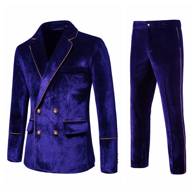 Mens Double-Breasted Suit Jacket+Pants Velvet Gold-Trimmed Party Dress Suit New