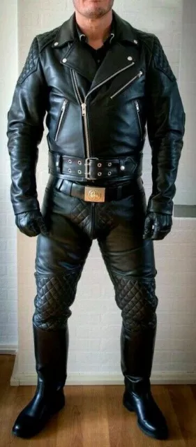 Men's Real Cowhide Leather Bikers Jacket Quilted Panels BLUF Jacket & Pants