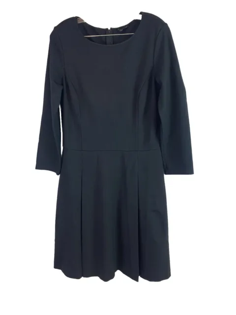 Theory Womens Sz 12 Classic Black Ponte Knit Pleated Long Sleeve Dress