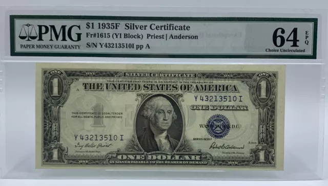 $1 1935F Silver Certificate FR#1615(YI BLOCK) PMG 64 EPQ S/N Y43213510i ppA