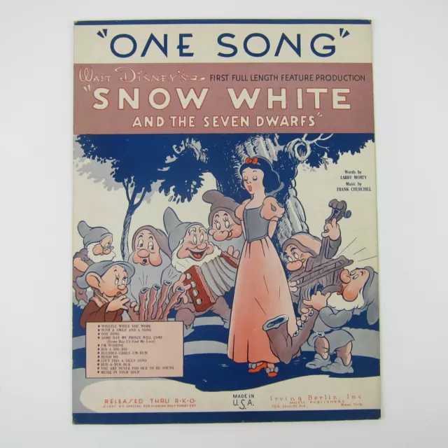 Walt Disney Snow White & the Seven Dwarfs One Song Sheet Music Vintage 1937