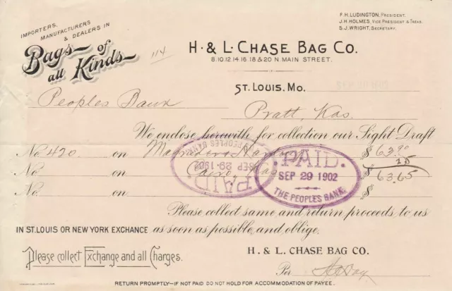 U.S. H & L CHASE TASCHE CO. 1902 St. Louis Taschen aller Art bezahlte Rechnung Ref 45323