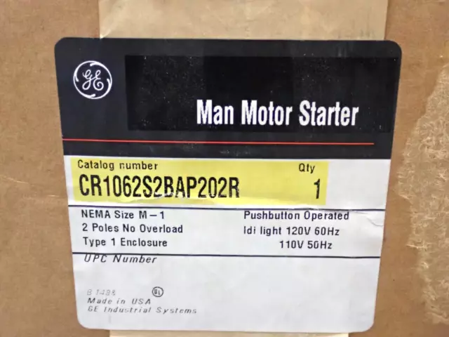 New GE CR1062S2BAP202R NEMA Size M-1 Motor Starter 2 Pole 600V Type 1 Enclosure
