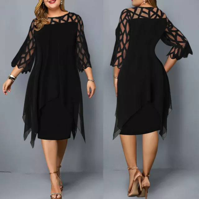 Women's Black Hollow Out Mesh Chiffon Dress O-Neck Evening Party Dress Plus Size