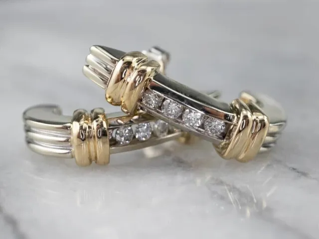 14K Two-Tone Gold Over 2.00Ct Round Cut Lab Created Diamond Huggie Hoop Earrings