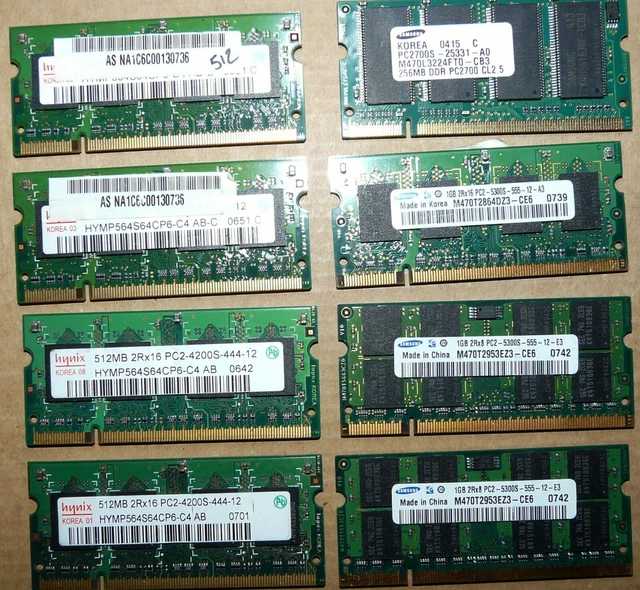 Lot De 5 Barrettes RAM DDR2 SO-DIMM 1Go PC2-6400 - Pour Vieux PC Portable - Occasion