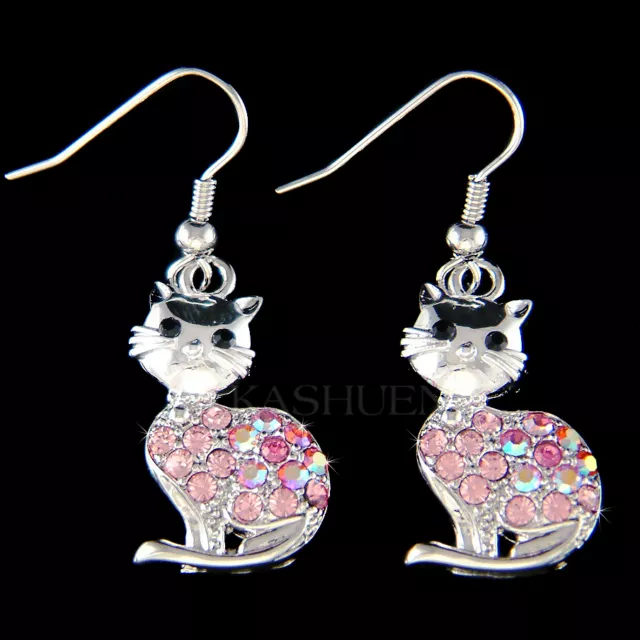 Boucles d'oreilles fantaisie pendantes avec le thème chat floral noir et  rose