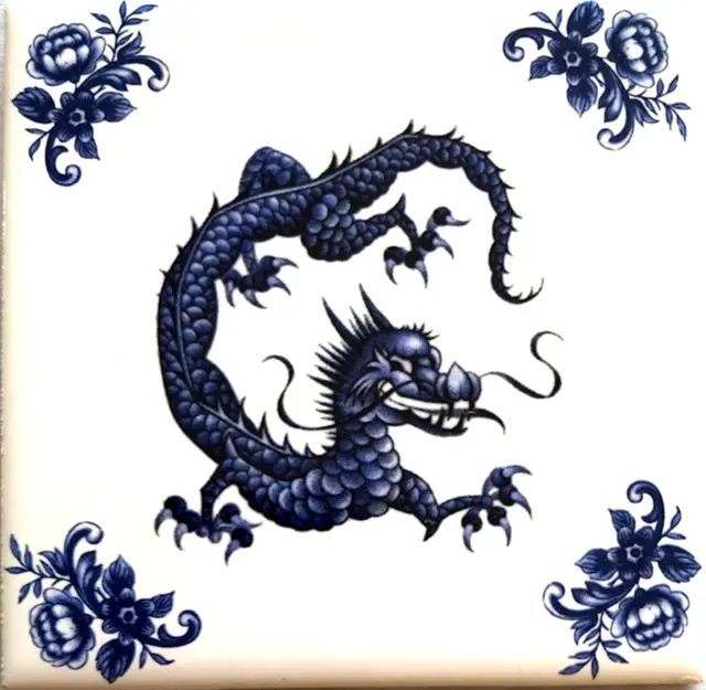Delft Theme Dragon with Blue Corners Ceramic Tile 4.25" Kiln Fired Décor #2