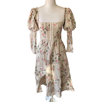 For Love & Lemons Rose Striped Puff Long Sleeve Linen Blend Midi Dress Size S