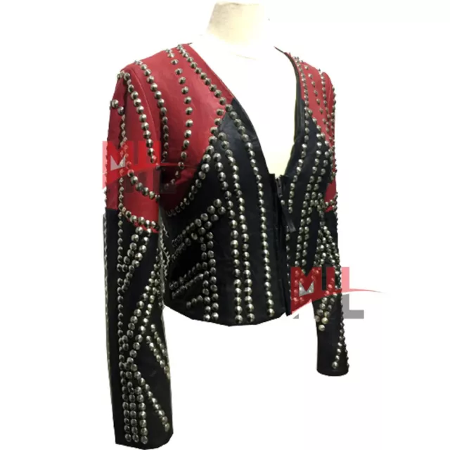 Handmade Women Black Red Fully Studded Genuine Lambskin Pure Leather Jacket 2