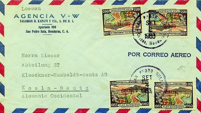 Honduras 1960 5v W/CM Offiziell " Ovpt Auf Luftpost Cvr San Pedro Sula Sich Köln