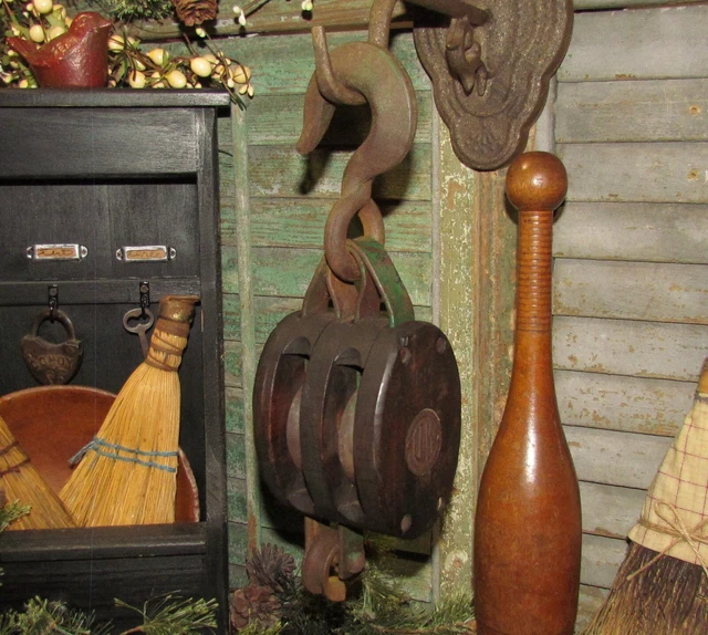 PRIMITIVE OLD ANTIQUE Vtg 11 Wood Double Barn Pulley Block w/ Cast Iron  Hook $94.95 - PicClick