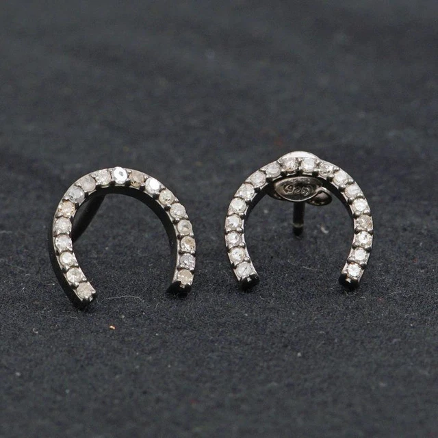 Natural Pave Diamond Horseshoe Stud Earrings 925 Sterling Silver Fine Jewel