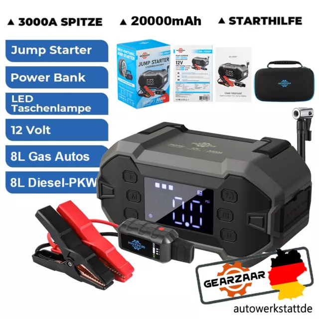 3000A Auto Kfz Starthilfe Jump Starter 12V Ladegerät Booster Power Bank Pkw Ce