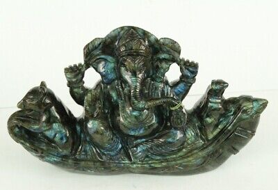 6.5 Inches Lord Ganesha Figurine Hand Carved Labradorite Stone Religious Statue