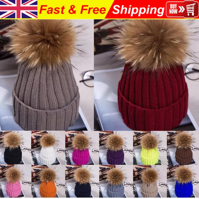 2023 Women Winter Faux Fur Pom Pom 15cm Ball Knit Beanie Ski Cap Bobble Hat