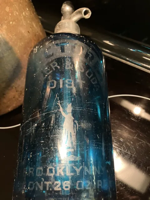 Vintage Blue Glass Brooklyn Seltzer Bottle With Statue Of Liberty