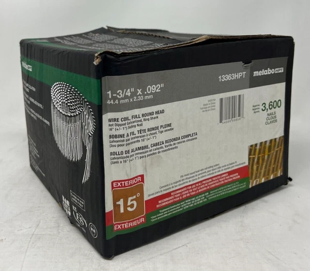 HITACHI 1-3/4" X .092 Siding Coil Nail, Ring/HDG, Diamond Pt., 3.6M/Case