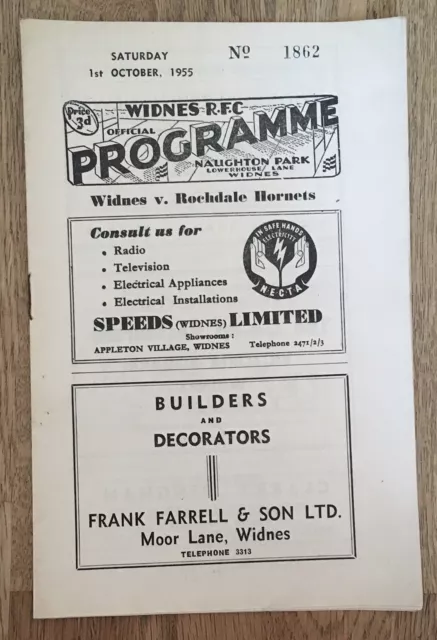 VINTAGE RUGBY LEAGUE PROGRAMME Widnes V Rochdale Hornets 1955/56.