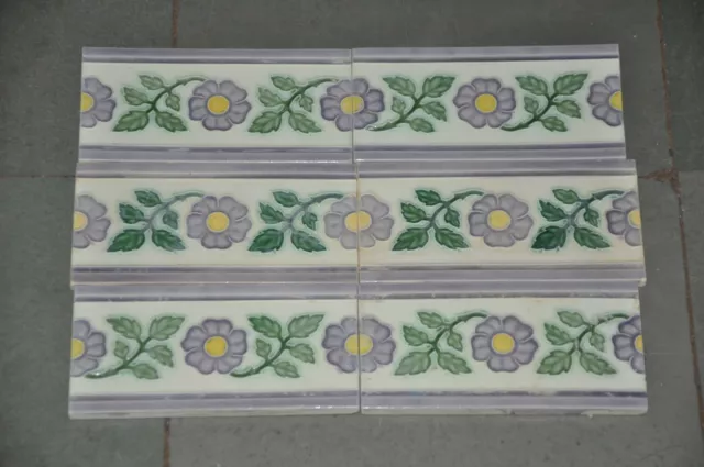 6 Pc Vintage Flower Vine Design Embossed D.K Mark Ceramic Tiles,Japan