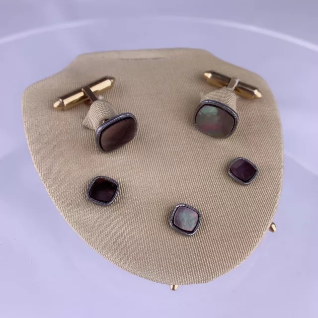 Black Mother of Pearl 14k Gold Plated Cufflinks & Tuxedo Studs Krementz Vintage