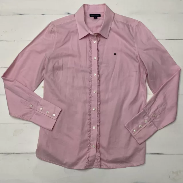 Camisa informal para mujer Tommy Hilfiger rosa algodón talla mediana con volantes con botones