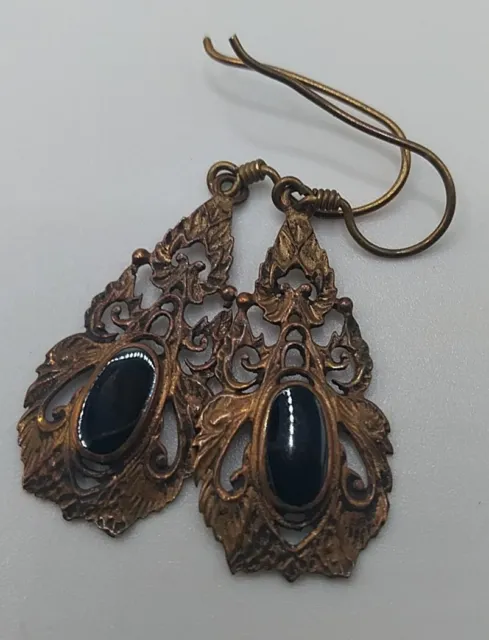Antique Victorian 9k Rosy Gold & Jet Etruscan Revival Bohemian Dangle Earrings