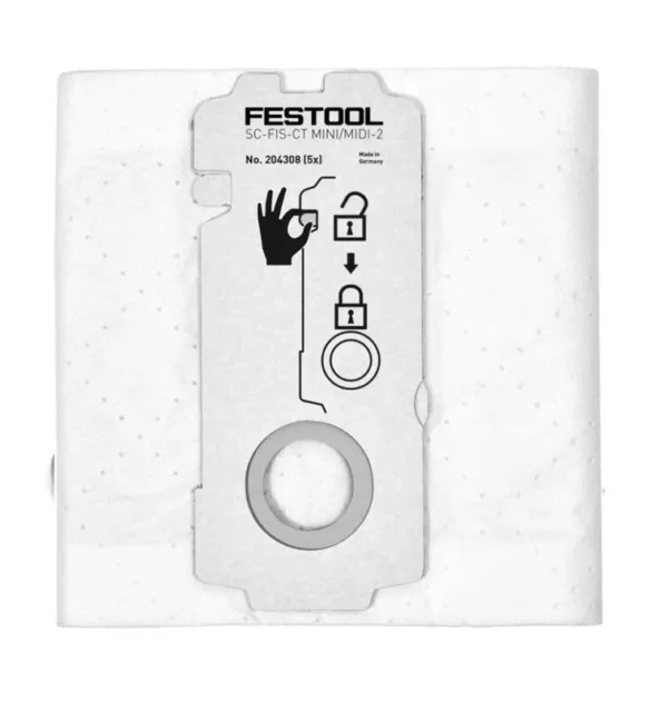 Festool Self Clean Filter Bag Mini/Midi-2/5 204308 5 Pack Genuine Original New