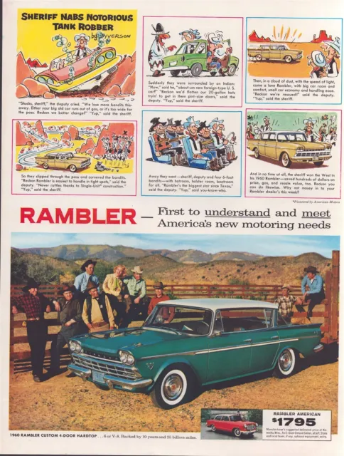 1960 Rambler Custom 4 Door Hardtop Print Ad With Cartoon Sheriff & Cowboys