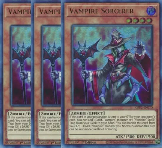 Yugioh Vampire Sorcerer x 3 - 1st Edition Ultra Rare NM - Free Holographic Card