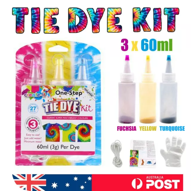 3 Bright Colour Bottle One Step TIE DYE KIT Paint Non Toxic DIY Fabric Tie-Dye