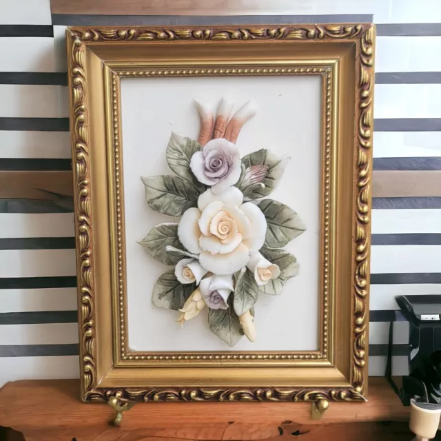 Capodimonte Italian Plaque Porcelain Roses Gold Framed Hand Painted Art 3D VTG