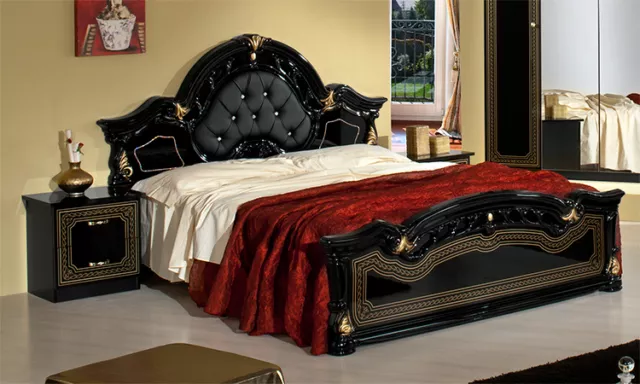 Klassisches Doppelbett Bettgestell Schwarz Gold Hochglanz Italienische Stilmöbel