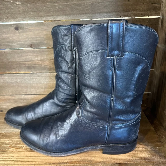 MENS JUSTIN CORA Black Leather Boots Round Toe Western Roper Cowboy